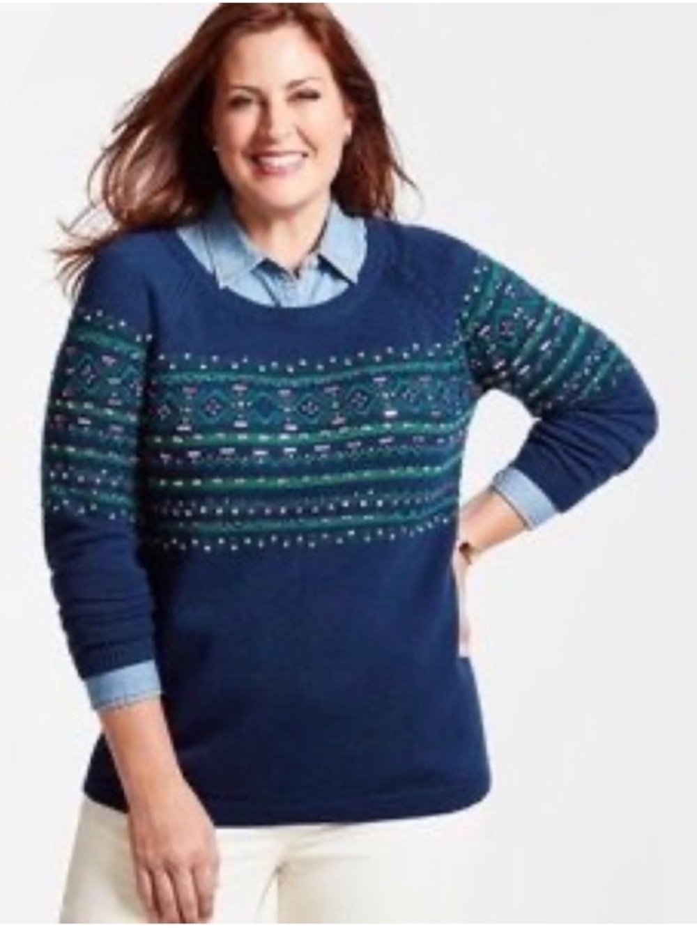 Talbots Sweater Plus Size X Blue Green Pink Fair Isle Jeweled Wool Crew New NWT